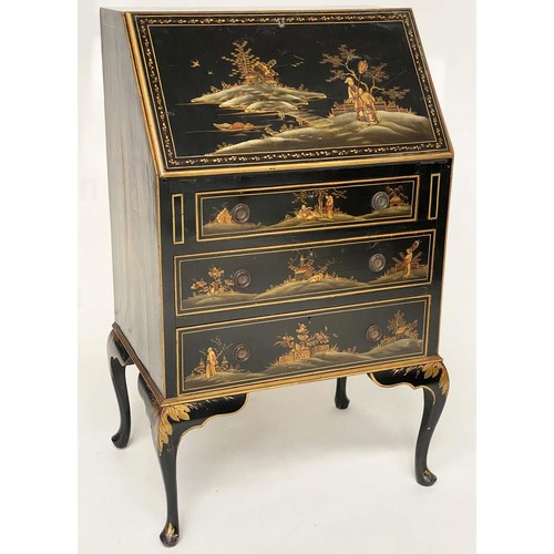 280 - BUREAU, 1930s black lacquered and gilt Chinoiserie decorated with fitted interior and three long dra... 