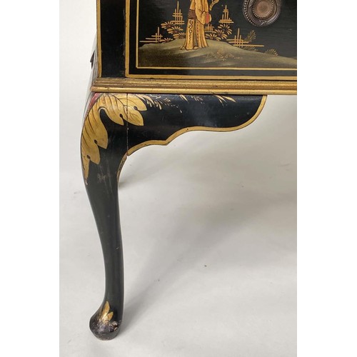 280 - BUREAU, 1930s black lacquered and gilt Chinoiserie decorated with fitted interior and three long dra... 