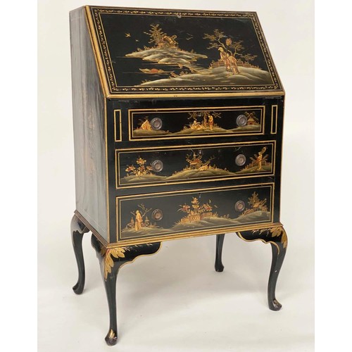 280 - BUREAU, 1930s black lacquered and gilt Chinoiserie decorated with fitted interior and three long dra... 
