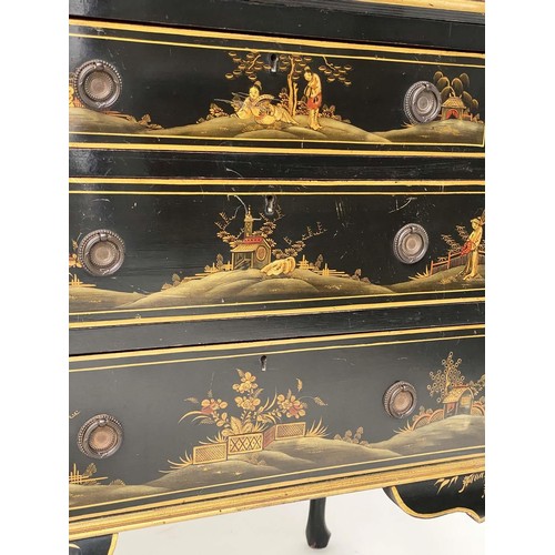 280 - BUREAU, 1930s black lacquered and gilt Chinoiserie decorated with fitted interior and three long dra... 
