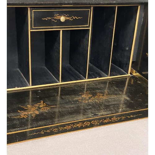 280 - BUREAU, 1930s black lacquered and gilt Chinoiserie decorated with fitted interior and three long dra... 