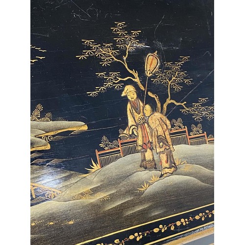 280 - BUREAU, 1930s black lacquered and gilt Chinoiserie decorated with fitted interior and three long dra... 