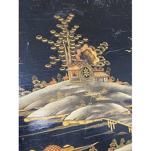 280 - BUREAU, 1930s black lacquered and gilt Chinoiserie decorated with fitted interior and three long dra... 