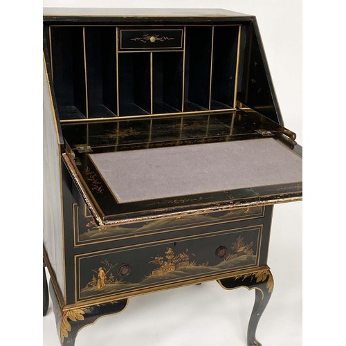 280 - BUREAU, 1930s black lacquered and gilt Chinoiserie decorated with fitted interior and three long dra... 