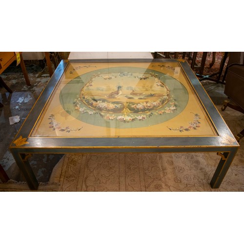 278 - COFFEE TABLE, 130cm x130cm x 42cm H, painted with floral, duck and gilt detail with old circular pai... 