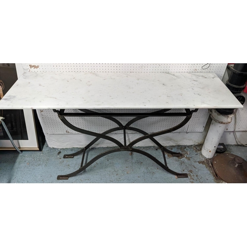 327 - CONSOLE TABLE, 41cm x 83cm H x 133cm, the marble top on metal base.