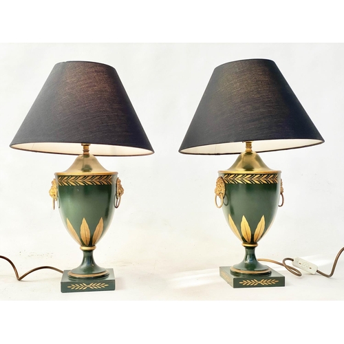 173 - TABLE LAMPS, a pair, 53cm H, Regency style, dark green and gilt urn form, with lion mask handles and... 