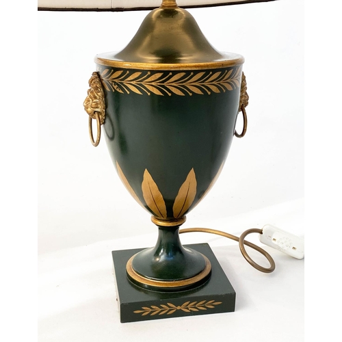 173 - TABLE LAMPS, a pair, 53cm H, Regency style, dark green and gilt urn form, with lion mask handles and... 