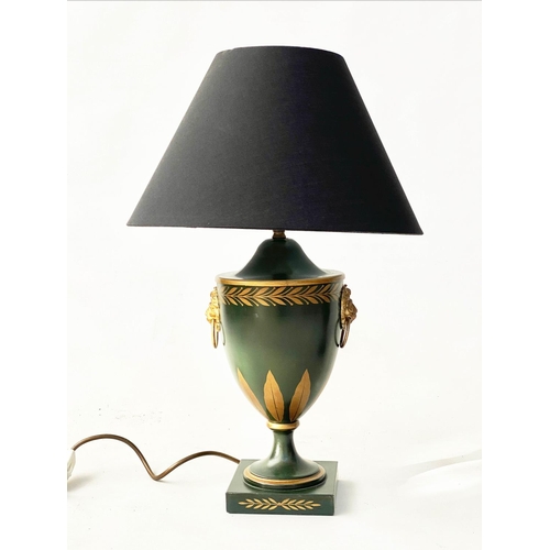 173 - TABLE LAMPS, a pair, 53cm H, Regency style, dark green and gilt urn form, with lion mask handles and... 