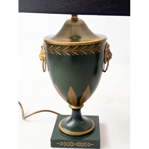 173 - TABLE LAMPS, a pair, 53cm H, Regency style, dark green and gilt urn form, with lion mask handles and... 