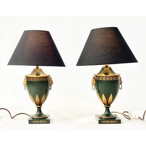 173 - TABLE LAMPS, a pair, 53cm H, Regency style, dark green and gilt urn form, with lion mask handles and... 