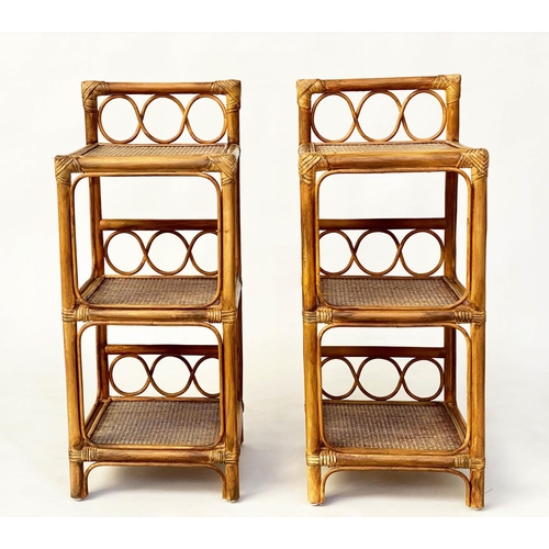 167 - LAMP TABLES, 80cm H x 34cm W x 34cm D, a pair, rattan bamboo framed and cane bound with three panell... 