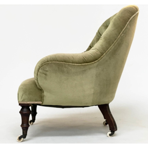 165 - ARMCHAIR, Victorian, moss green velvet upholstered with arched buttoned back and turned supports, 72... 