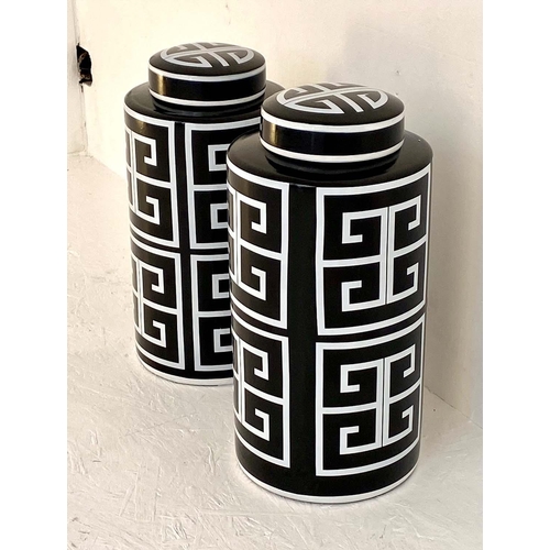 466 - GINGER JARS, pair, glazed ceramic, black and white print design, 41cm high x 19cm diameter. (2)