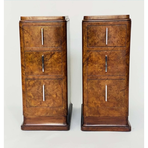 208 - ART DECO BEDSIDE CHESTS, a pair, burr walnut each with three drawers, 32cm x 49cm x 70cm H. (2)