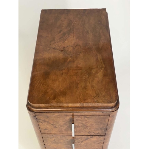 208 - ART DECO BEDSIDE CHESTS, a pair, burr walnut each with three drawers, 32cm x 49cm x 70cm H. (2)