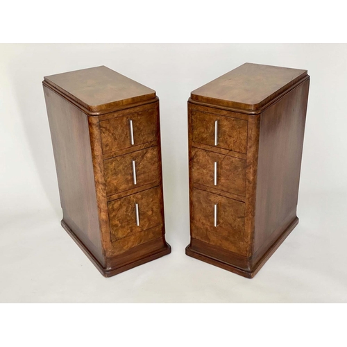 208 - ART DECO BEDSIDE CHESTS, a pair, burr walnut each with three drawers, 32cm x 49cm x 70cm H. (2)