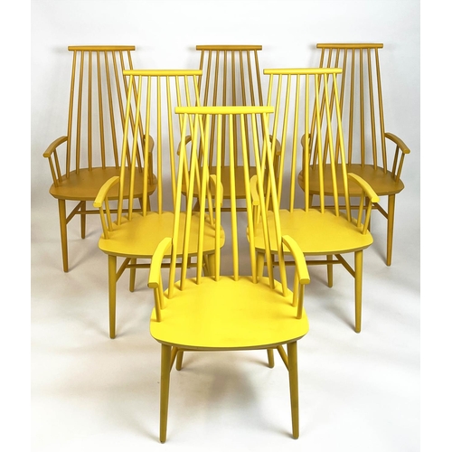 152 - DINING CHAIRS, a set of six, Ercol style, three mustard painted, three yellow painted, 108cm H x 51c... 