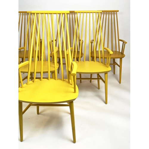 152 - DINING CHAIRS, a set of six, Ercol style, three mustard painted, three yellow painted, 108cm H x 51c... 