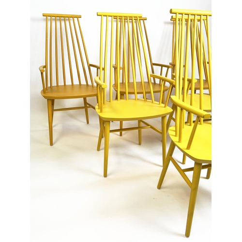 152 - DINING CHAIRS, a set of six, Ercol style, three mustard painted, three yellow painted, 108cm H x 51c... 