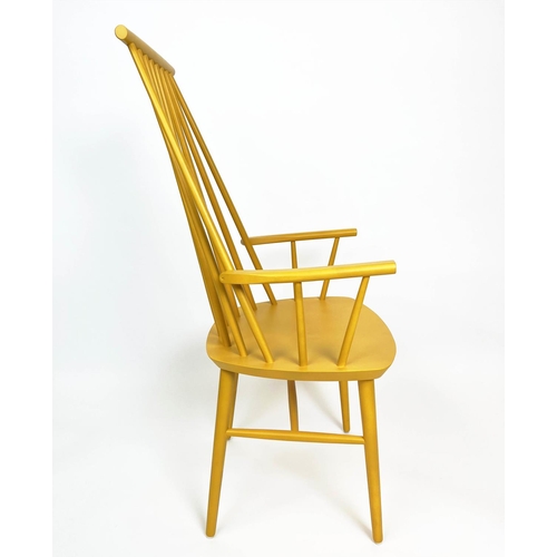 152 - DINING CHAIRS, a set of six, Ercol style, three mustard painted, three yellow painted, 108cm H x 51c... 