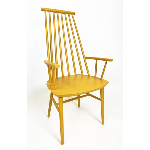 152 - DINING CHAIRS, a set of six, Ercol style, three mustard painted, three yellow painted, 108cm H x 51c... 