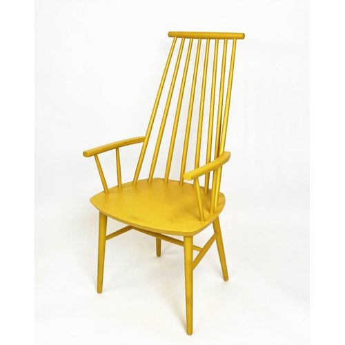 152 - DINING CHAIRS, a set of six, Ercol style, three mustard painted, three yellow painted, 108cm H x 51c... 