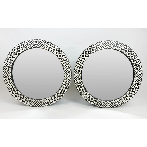 154 - WALL MIRRORS, a pair, 1970's Italian design inlaid circular frames, 61cm diam. (2)