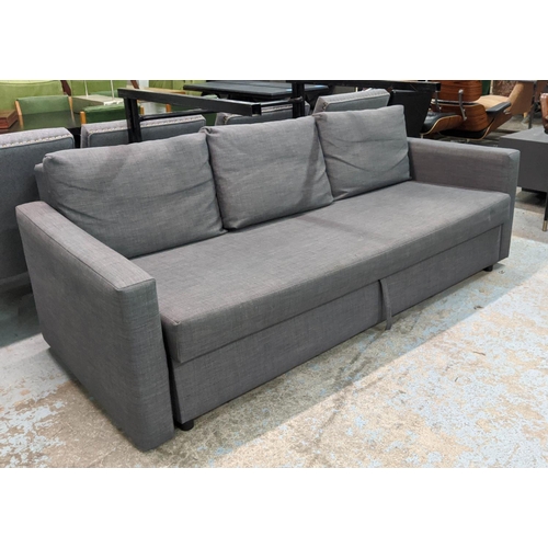 330 - SOFA BED, 225cm metamorphs into double bed, grey fabric finish.