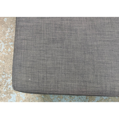 330 - SOFA BED, 225cm metamorphs into double bed, grey fabric finish.