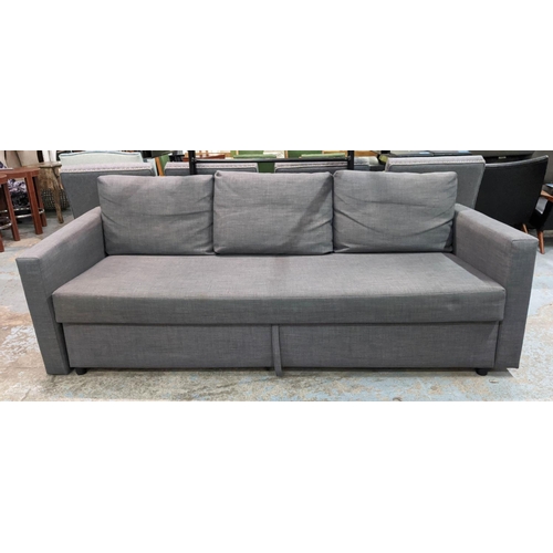 330 - SOFA BED, 225cm metamorphs into double bed, grey fabric finish.