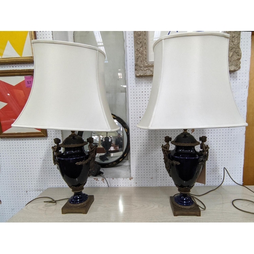 333 - TABLE LAMPS, a pair, urn form, gilt metal mounts, with shades, 81cm H. (2)