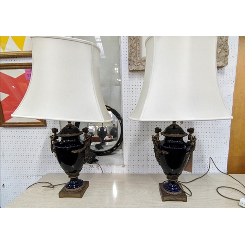 333 - TABLE LAMPS, a pair, urn form, gilt metal mounts, with shades, 81cm H. (2)