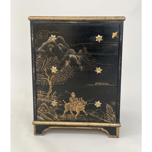 129 - CHEST, lacquered and gilded in the Chinese taste with three long drawers and stellar handles, 46cm x... 