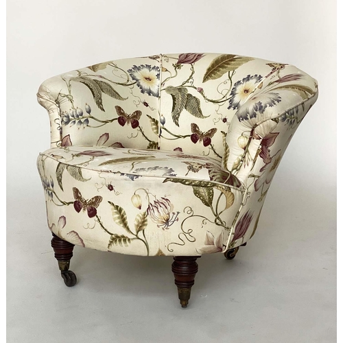 132 - TUB ARMCHAIR, Victorian botanical print upholstered with arched back and turned supports, 85cm W.