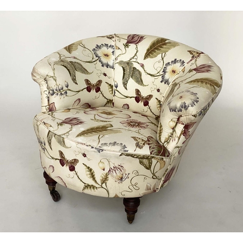 132 - TUB ARMCHAIR, Victorian botanical print upholstered with arched back and turned supports, 85cm W.