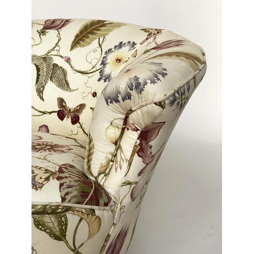 132 - TUB ARMCHAIR, Victorian botanical print upholstered with arched back and turned supports, 85cm W.