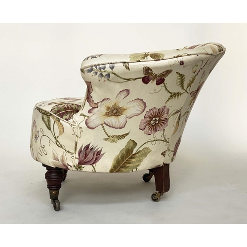 132 - TUB ARMCHAIR, Victorian botanical print upholstered with arched back and turned supports, 85cm W.