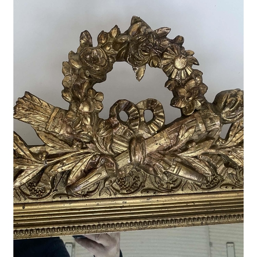 133 - OVERMANTEL MIRROR, late 19th/early 20th century French giltwood and gesso moulded with quiver and fl... 