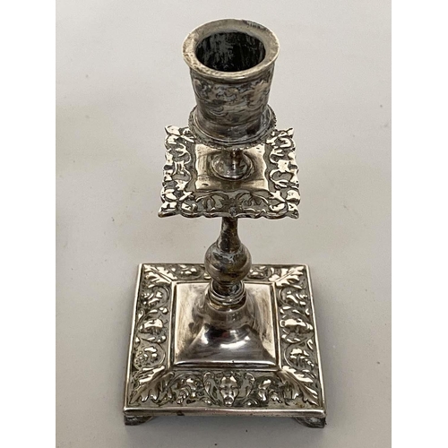 119 - CANDLESTICKS, a set of four, silvered, probably early 20th century with column and square bases, 19c... 