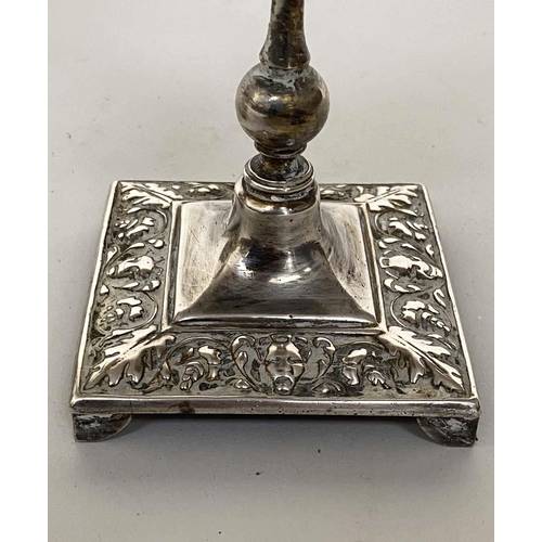 119 - CANDLESTICKS, a set of four, silvered, probably early 20th century with column and square bases, 19c... 