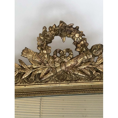 133 - OVERMANTEL MIRROR, late 19th/early 20th century French giltwood and gesso moulded with quiver and fl... 