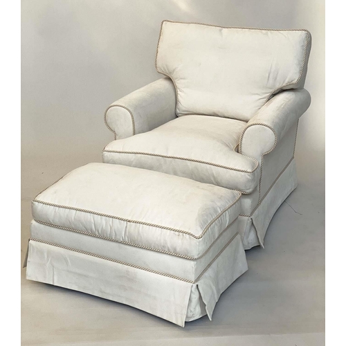 136 - ARMCHAIR AND STOOL, Howard style cream and cord upholstered with feather filled cushions and matchin... 