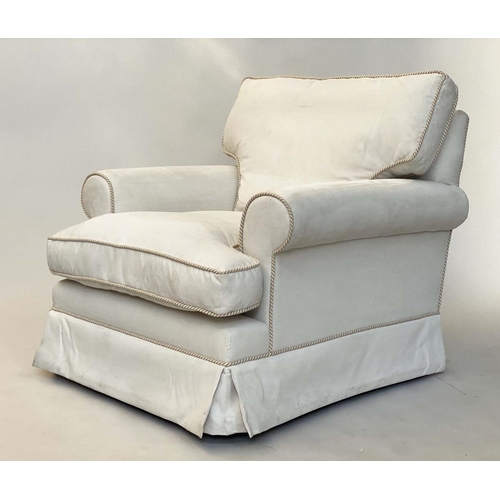 136 - ARMCHAIR AND STOOL, Howard style cream and cord upholstered with feather filled cushions and matchin... 