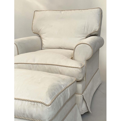 136 - ARMCHAIR AND STOOL, Howard style cream and cord upholstered with feather filled cushions and matchin... 