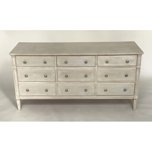 122 - LOW CHEST, Gustavian design grey painted with nine drawers and stile supports, 150cm x 45cm x 77cm H... 