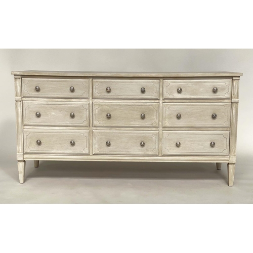 122 - LOW CHEST, Gustavian design grey painted with nine drawers and stile supports, 150cm x 45cm x 77cm H... 