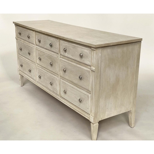 122 - LOW CHEST, Gustavian design grey painted with nine drawers and stile supports, 150cm x 45cm x 77cm H... 