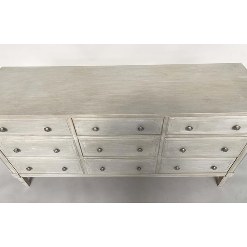 122 - LOW CHEST, Gustavian design grey painted with nine drawers and stile supports, 150cm x 45cm x 77cm H... 