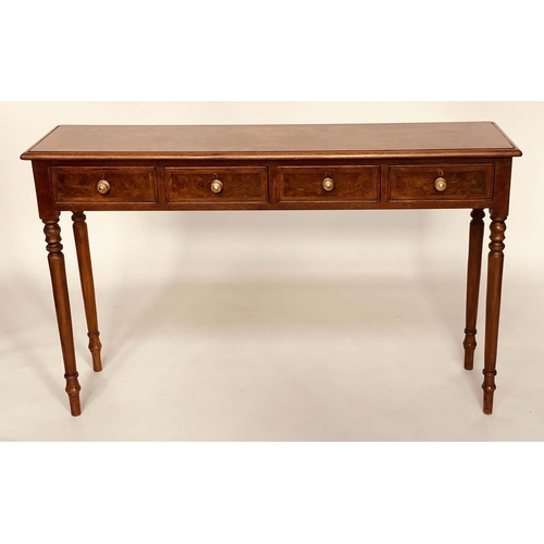 123 - HALL TABLE, George III design burr walnut and crossbanded with four frieze drawers, 127cm x 33cm x 7... 